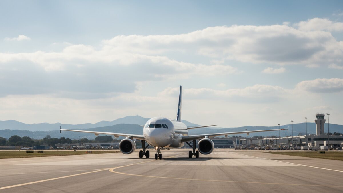 Modernes Passagierflugzeug auf der Start- und Landebahn eines Flughafens auf Mallorca bei Tageslicht vor bewölktem Himmel