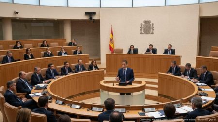 Spanisches Parlament mit Bildungsminister beim Vortrag über Zweisprachigkeit im Bildungssystem