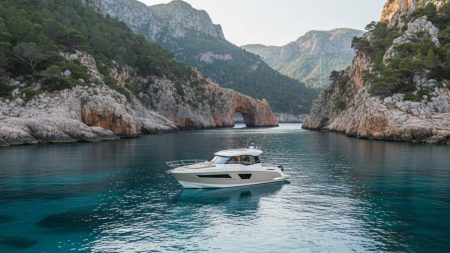 Kleines Motorboot vor beeindruckenden Felsklippen an der Westküste Mallorcas mit klarem, türkisfarbenem Wasser und grünen Bergen im Hintergrund