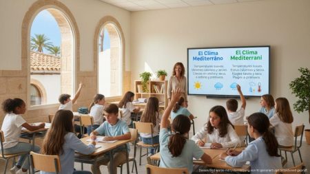 Moderne Klassenzimmerszene auf den Balearen mit Schülern in bilingualem Unterricht in Spanisch und Katalanisch
