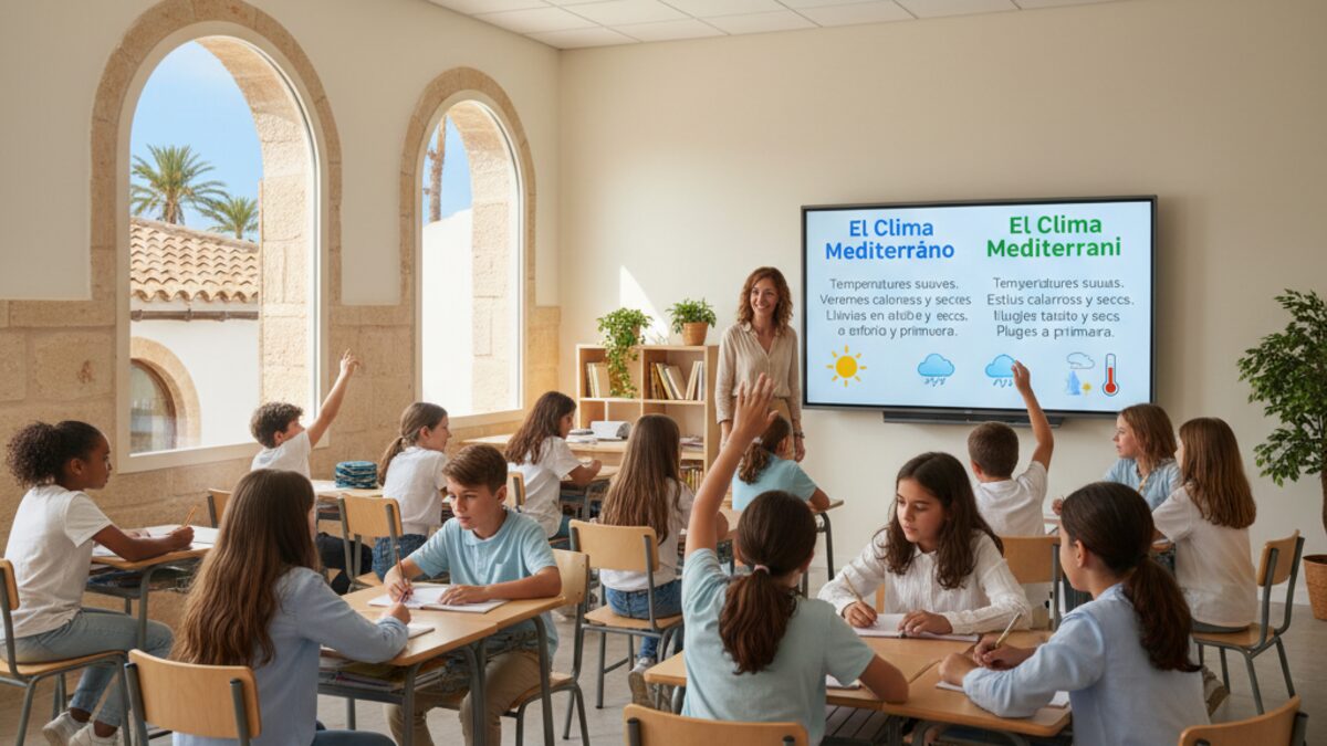 Moderne Klassenzimmerszene auf den Balearen mit Schülern in bilingualem Unterricht in Spanisch und Katalanisch