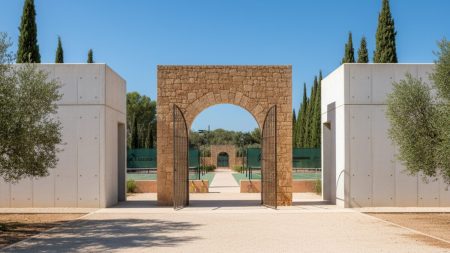 Eingang der Rafa Nadal Akademie auf Mallorca an einem sonnigen Tag, symbolisiert den Vorfall von Stalking gegen Rafa Nadals Schwester