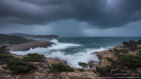 Starke Regenfälle und Stürme bedrohen Mallorca und Menorca Dunkle Gewitterwolken über der Küste von Mallorca und Menorca mit starkem Regen und windigem Meer