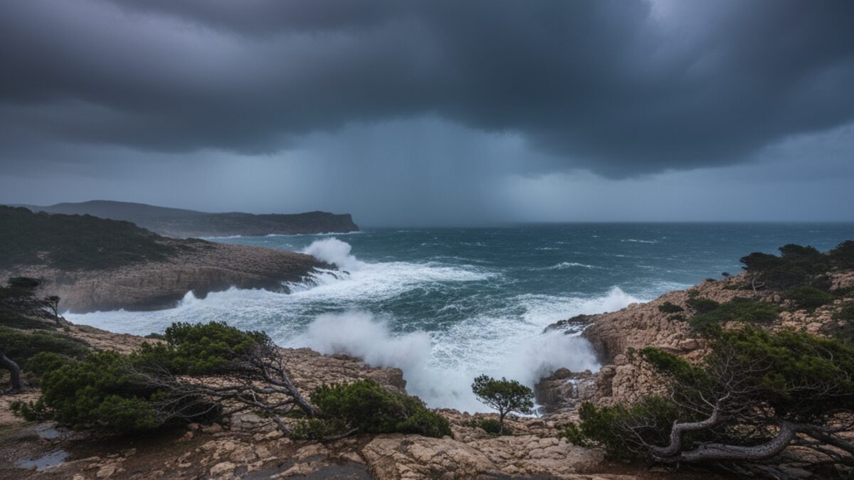 Dunkle Gewitterwolken über der Küste von Mallorca und Menorca mit starkem Regen und windigem Meer