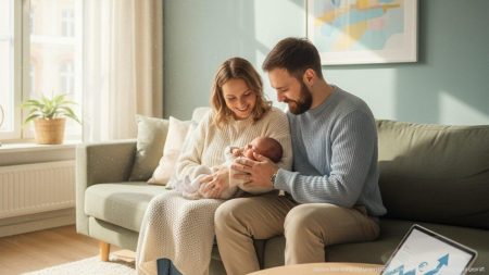 Junge Familie mit Neugeborenem in einem gemütlichen Zuhause symbolisiert Steuervergünstigungen für Geburten auf den Balearen