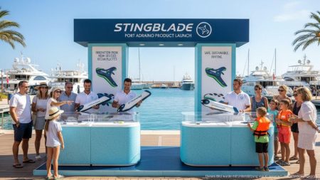 Pop-up Stand von Stingblade im Hafen von Port Adriano mit Besuchern und Demonstrationen gegen Quallenstiche