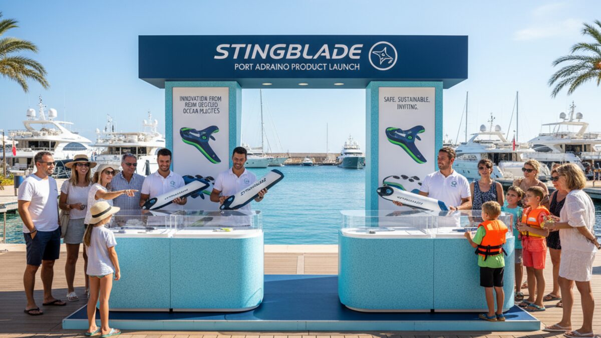 Pop-up Stand von Stingblade im Hafen von Port Adriano mit Besuchern und Demonstrationen gegen Quallenstiche