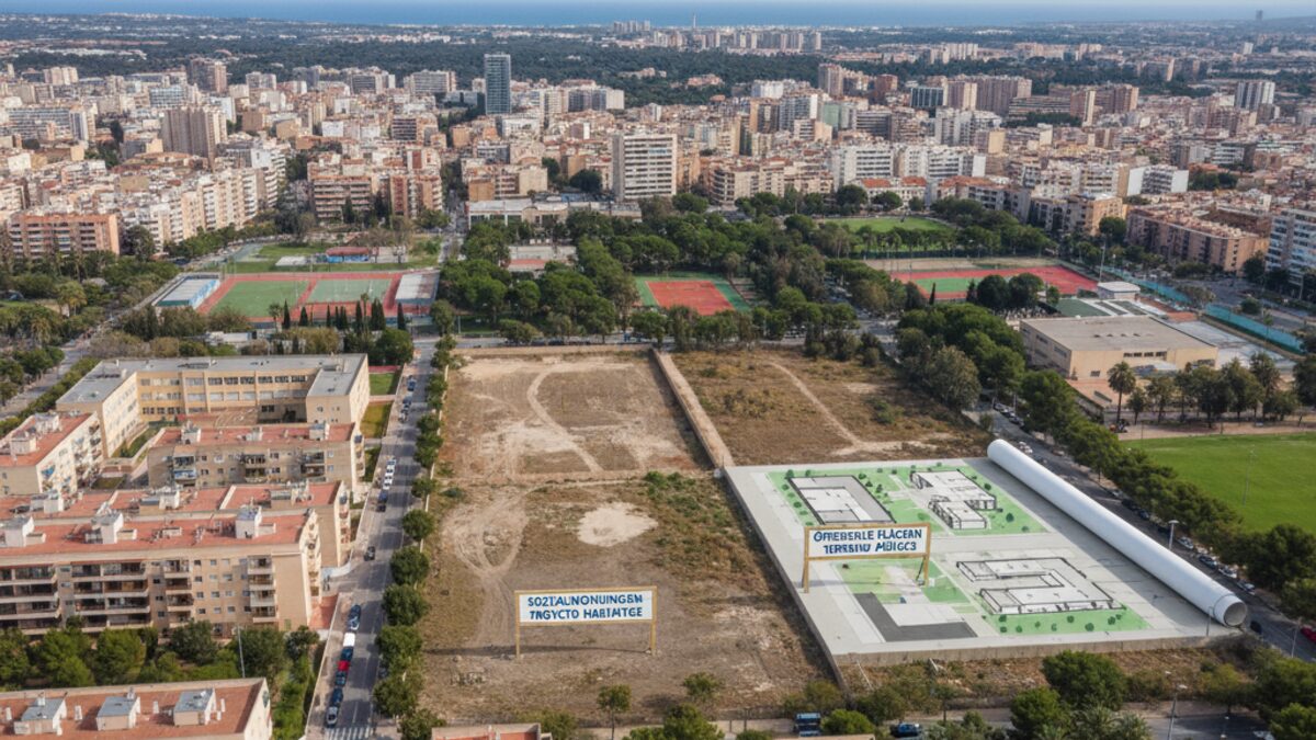 Panoramablick auf Palma mit symbolischen Bauplänen und leerstehenden Grundstücken zur Darstellung der Kontroverse um soziale Wohnungsbauprojekte
