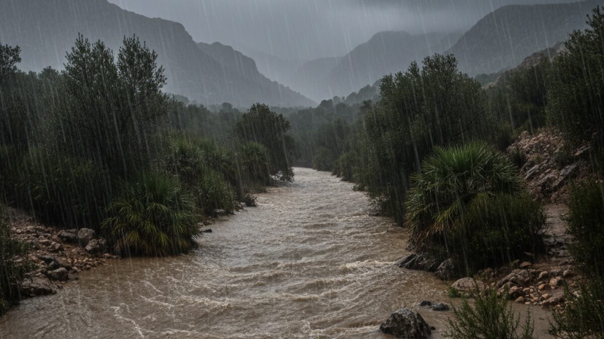 Starkes Unwetter auf Mallorca mit übervollem Torrente Sant Miquel bei heftigem Regen und bewölktem Himmel