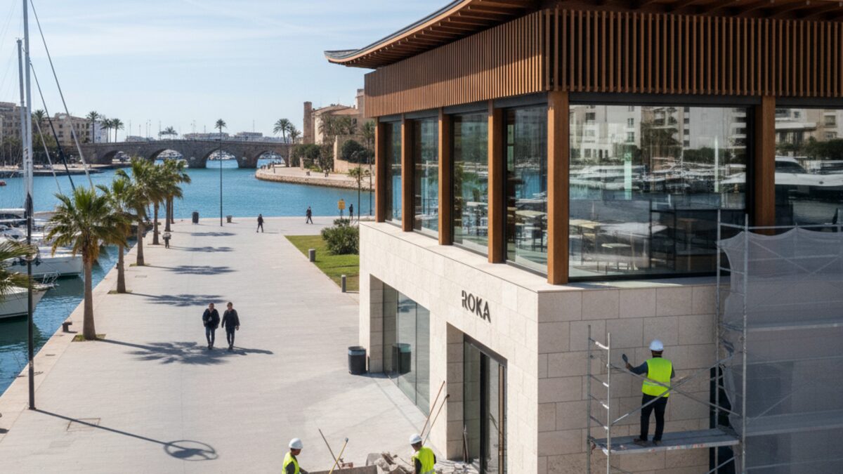 Blick auf das luxuriöse Sushi-Restaurant ROKA am Paseo Marítimo in Palma mit modernem Design und Hafen im Hintergrund während der Renovierungsphase