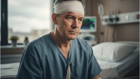 Mann im Krankenhaus mit Kopfverband und bettlägerig nach schwerem Unfall auf Mallorca durch Taschendiebstahl