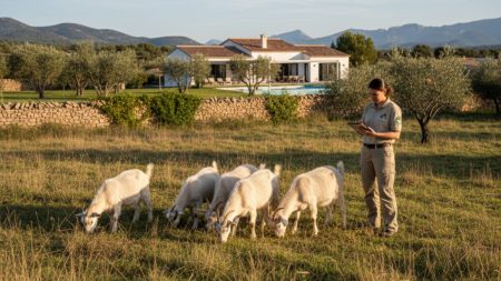 Natürliche Landschaft auf Mallorca mit Ziegen und einem Tierschutzmitarbeiter, der Berichte über Tierhaltung und Ferienvermietung prüft