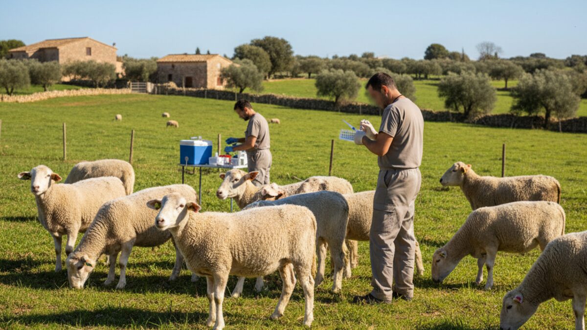 Landschaft eines mallorquinischen Bauernhofs mit Schafen und Rindern bei einer Impfaktion gegen die Blauzungenkrankheit unter veterinärmedizinischer Aufsicht