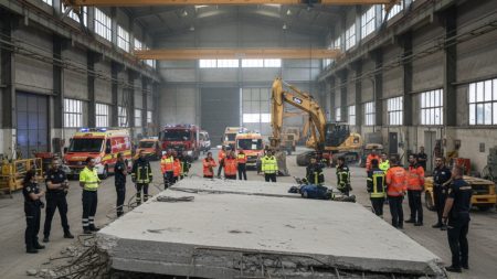 Szene eines Arbeitsunfalls in einer Industriehalle in Santa Margalida mit Rettungskräften und heruntergefallener Betonplattform