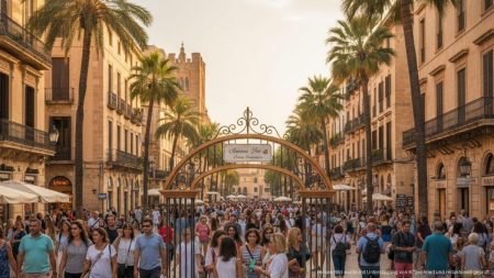 Tourismus auf Mallorca: Eintrittsgeld für Besucher diskutiert Blick auf eine belebte Straße in Palma de Mallorca mit Touristen und einem Ticketstand für Eintrittsgebühren