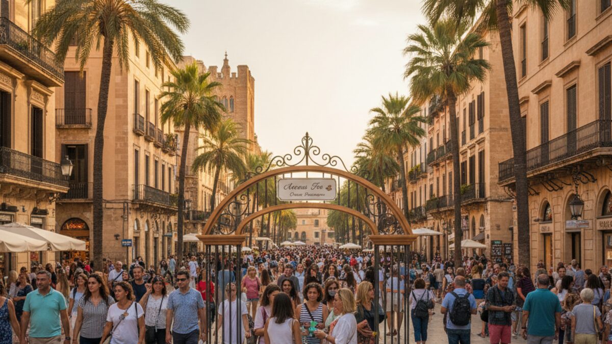 Blick auf eine belebte Straße in Palma de Mallorca mit Touristen und einem Ticketstand für Eintrittsgebühren