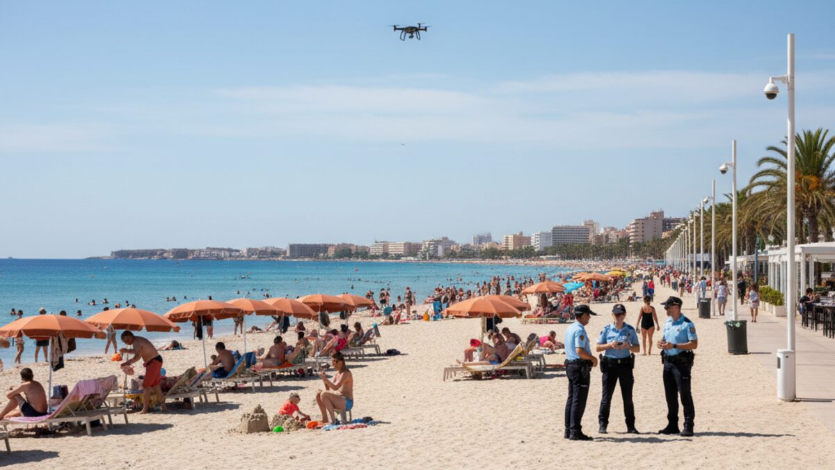 Strand mit Touristen und Polizei bei Playa de Palma auf Mallorca, zeigt sichere und familienfreundliche Atmosphäre