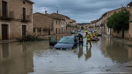 Starke Regenfälle verursachen Überflutungen auf Mallorca Überflutete Straße auf Mallorca mit Feuerwehrleuten, die einen Mann aus einem im Wasser steckenden Auto retten, bei bewölktem Himmel und nassen Straßen