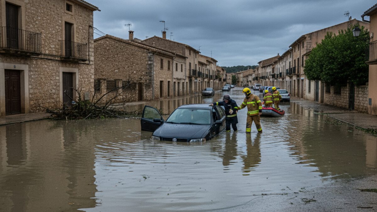 Überflutete Straße auf Mallorca mit Feuerwehrleuten, die einen Mann aus einem im Wasser steckenden Auto retten, bei bewölktem Himmel und nassen Straßen