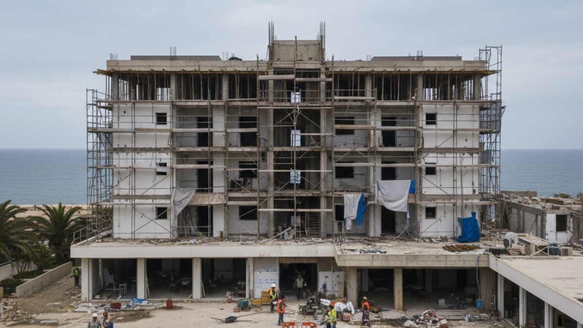 Teilweise unvollständiges Vier-Sterne-Hotel Vell Marí auf Mallorca mit Baustellen und abgerissenen Apartmentblöcken im Umbau