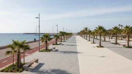 Umbau der Meerespromenade in Palma kurz vor Abschluss Die neu gestaltete Meerespromenade Paseo Marítimo in Palma mit breiten Gehwegen, Radspuren und grünen Bepflanzungen bei Tageslicht