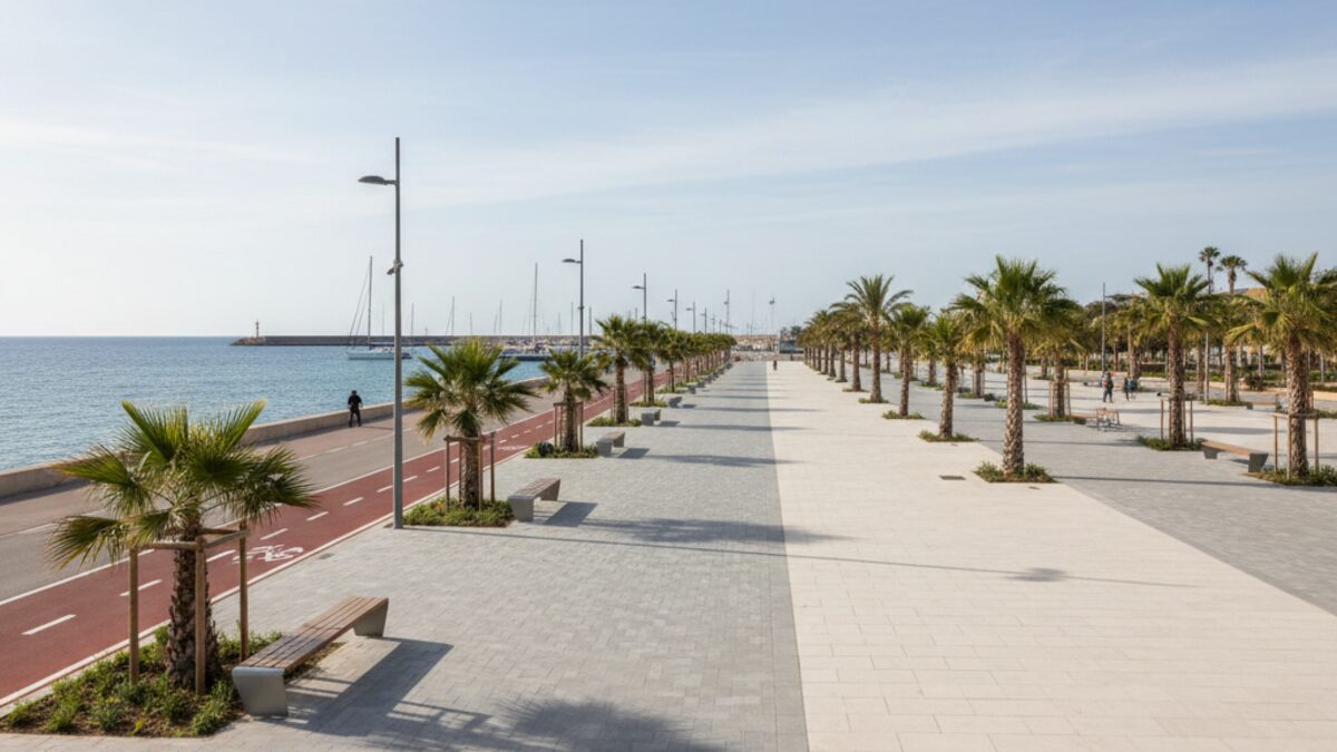 Die neu gestaltete Meerespromenade Paseo Marítimo in Palma mit breiten Gehwegen, Radspuren und grünen Bepflanzungen bei Tageslicht