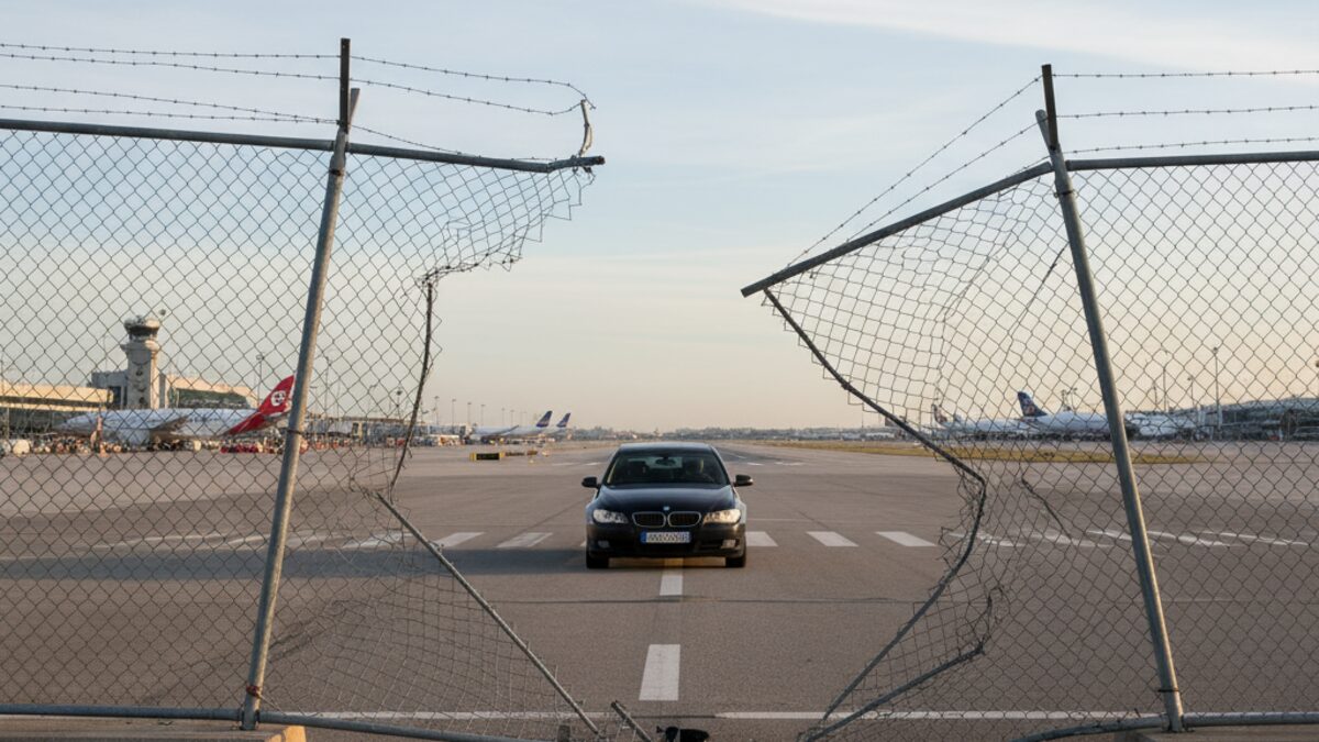Beschädigter Sicherheitszaun am Flughafen Palma mit durchbrochenem Auto nahe der Landebahn am frühen Morgen