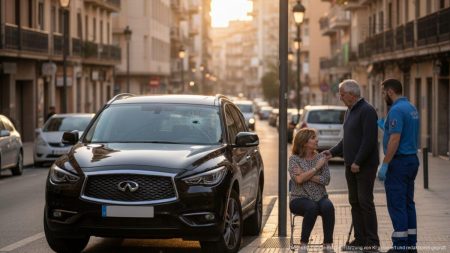 Ein moderner schwarzer Infiniti SUV steht auf dem Gehweg in Palma, während Sanitäter zwei Fußgänger medizinisch versorgen nach einem Unfall mit alkoholisiertem Fahrer.