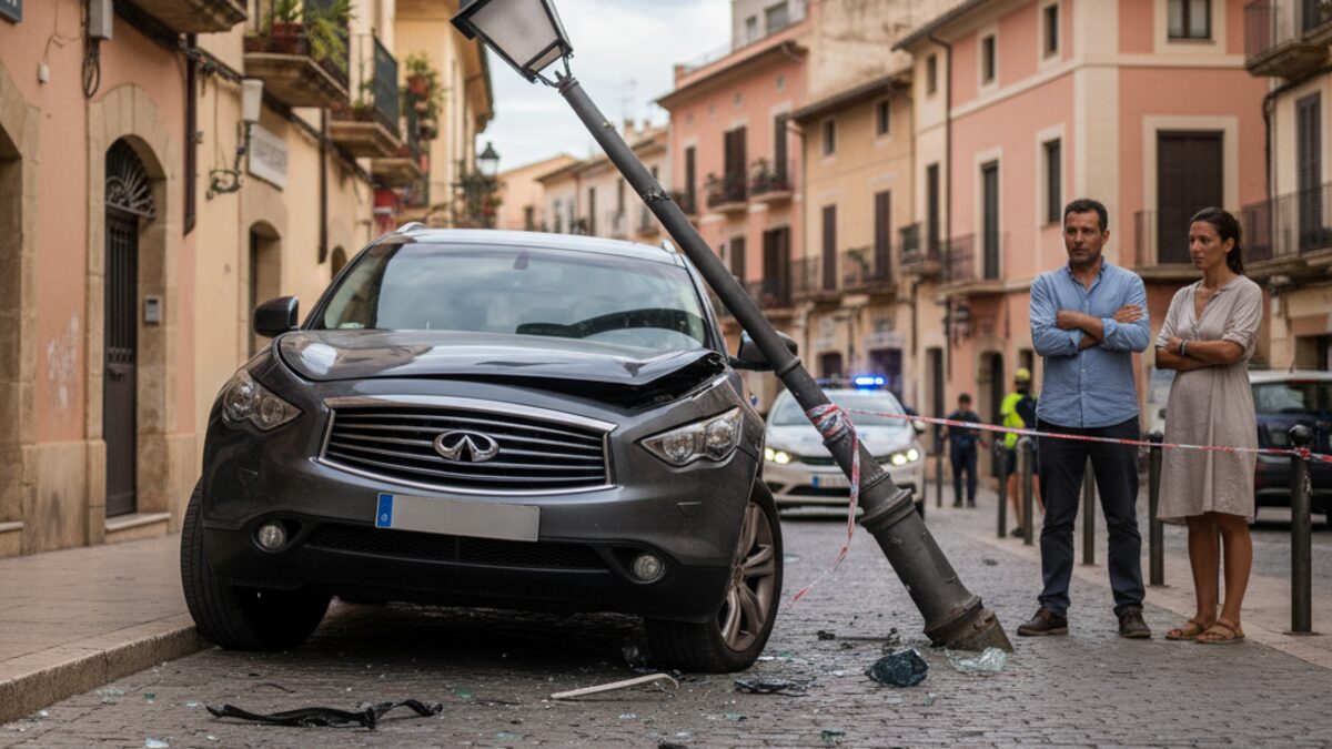 Beschädigtes SUV neben verbogener Straßenlaterne in Palma nach Verkehrsunfall mit zwei Fußgängern
