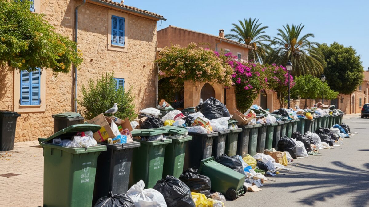 Overflowing small plastic trash containers on a residential street in Santanyí, Mallorca, illustrating the recent waste management crisis and its impact on local community living conditions.