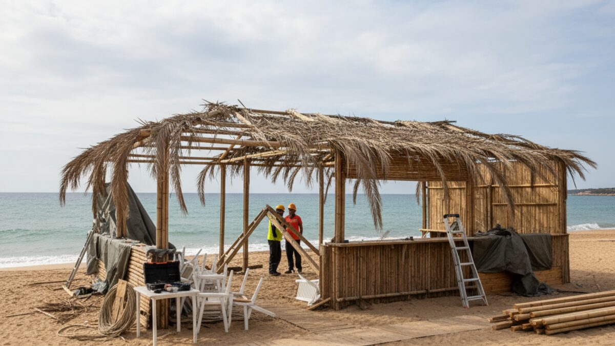 Beschädigte Strandbar Moomba Beach Café auf Mallorca nach einem schweren Unwetter mit zerstörtem Bambusdach und beginnenden Reparaturarbeiten