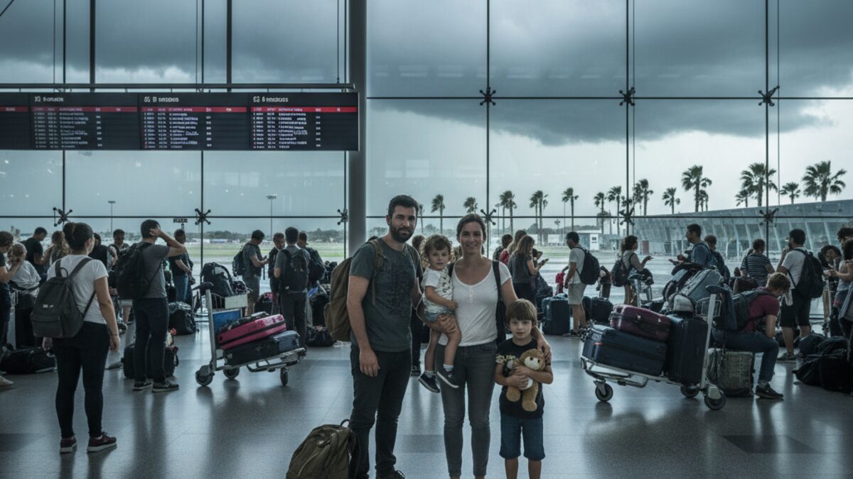 Reisende Familie steht erschöpft am Flughafen Mallorca vor Flugausfall-Anzeigen während eines schweren Unwetters