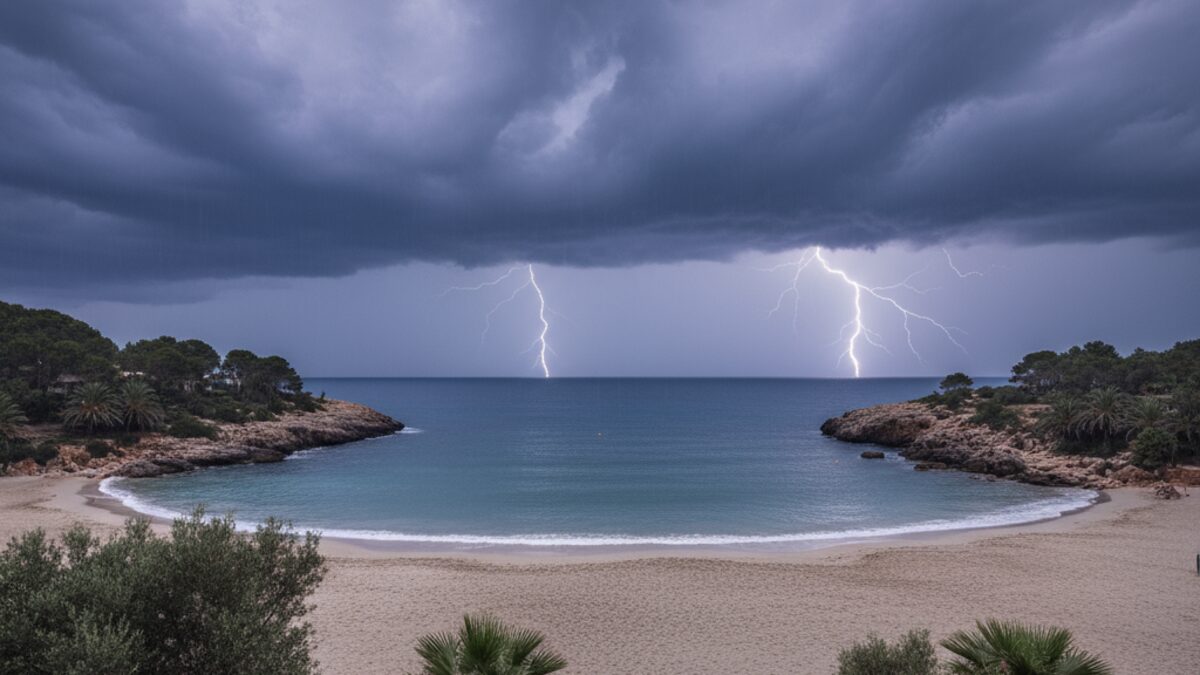 Coastline of Mallorca under dark rain clouds with lightning and light rain, illustrating storm warnings and autumn weather transition