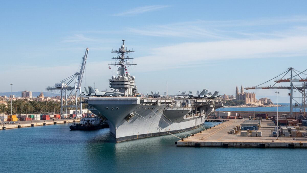 US-Flugzeugträger USS Gerald R. Ford im Hafen von Palma de Mallorca mit städtischer Küstenlinie im Hintergrund