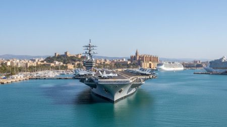 US-Flugzeugträger auf Mallorca: 70 Jahre Geschichte und Besuche US-Flugzeugträger im Hafen von Palma de Mallorca vor der Küstenlinie, symbolisiert über 70 Jahre Besuche und maritimen Austausch.