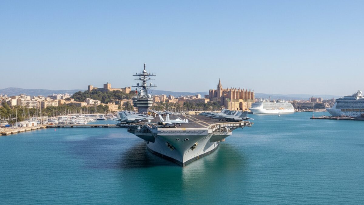 US-Flugzeugträger im Hafen von Palma de Mallorca vor der Küstenlinie, symbolisiert über 70 Jahre Besuche und maritimen Austausch.