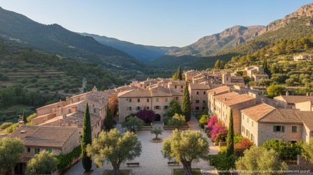 Luftaufnahme des malerischen Dorfes Valldemossa auf Mallorca mit traditionellen Steinhäusern und Bergen im Hintergrund