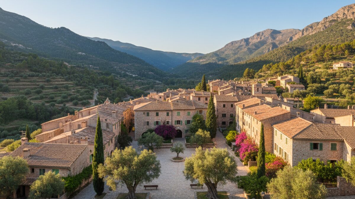 Luftaufnahme des malerischen Dorfes Valldemossa auf Mallorca mit traditionellen Steinhäusern und Bergen im Hintergrund