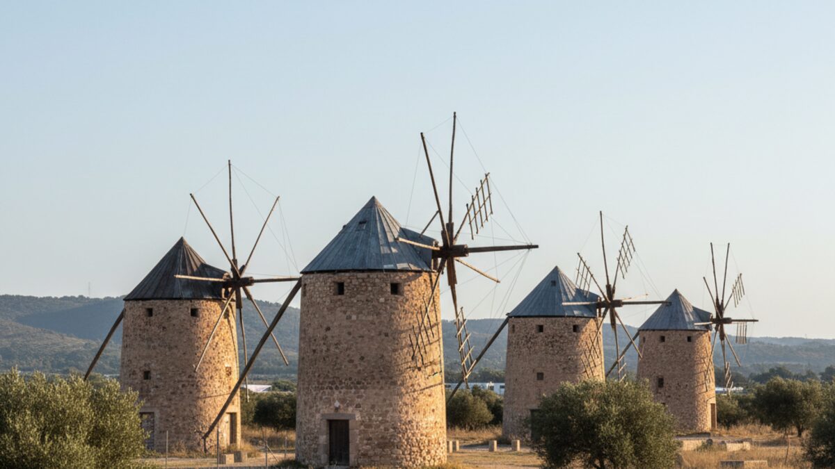 Verfallene historische Windmühlen auf Mallorca nahe dem Flughafen Palma de Mallorca in einer natürlichen Landschaft, Symbol für kulturelles Erbe und Restaurierungsbedarf