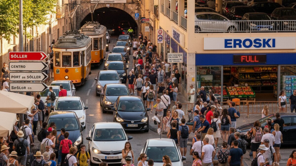 Verkehrschaos mit Stau und Parkplatzmangel sowie ein überfüllter Eroski-Supermarkt in Sóller während des Touristenansturms im Sommer