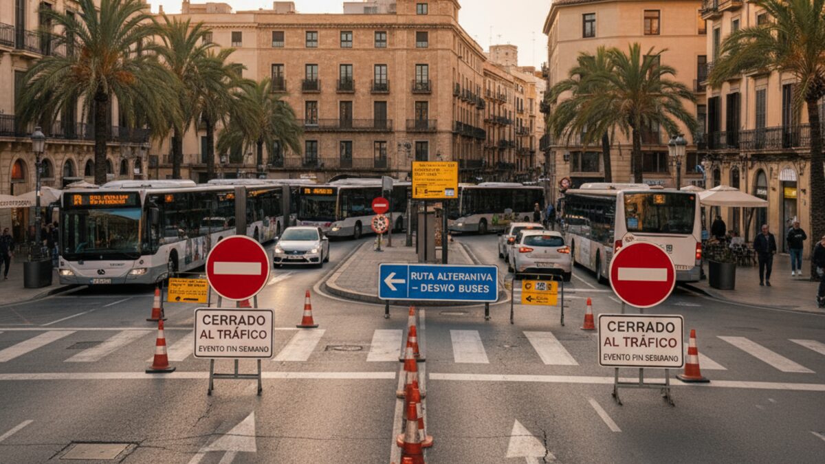 Straßensperrungen und Verkehrsblockaden in Palma de Mallorca am Plaça Pere Garau mit umgeleiteten Bussen und Verkehrsschildern
