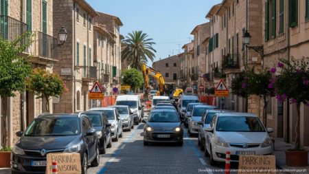 Straßenszene in Soller mit Verkehrsstaus und Baustellenschildern wegen verzögerter Straßensanierung