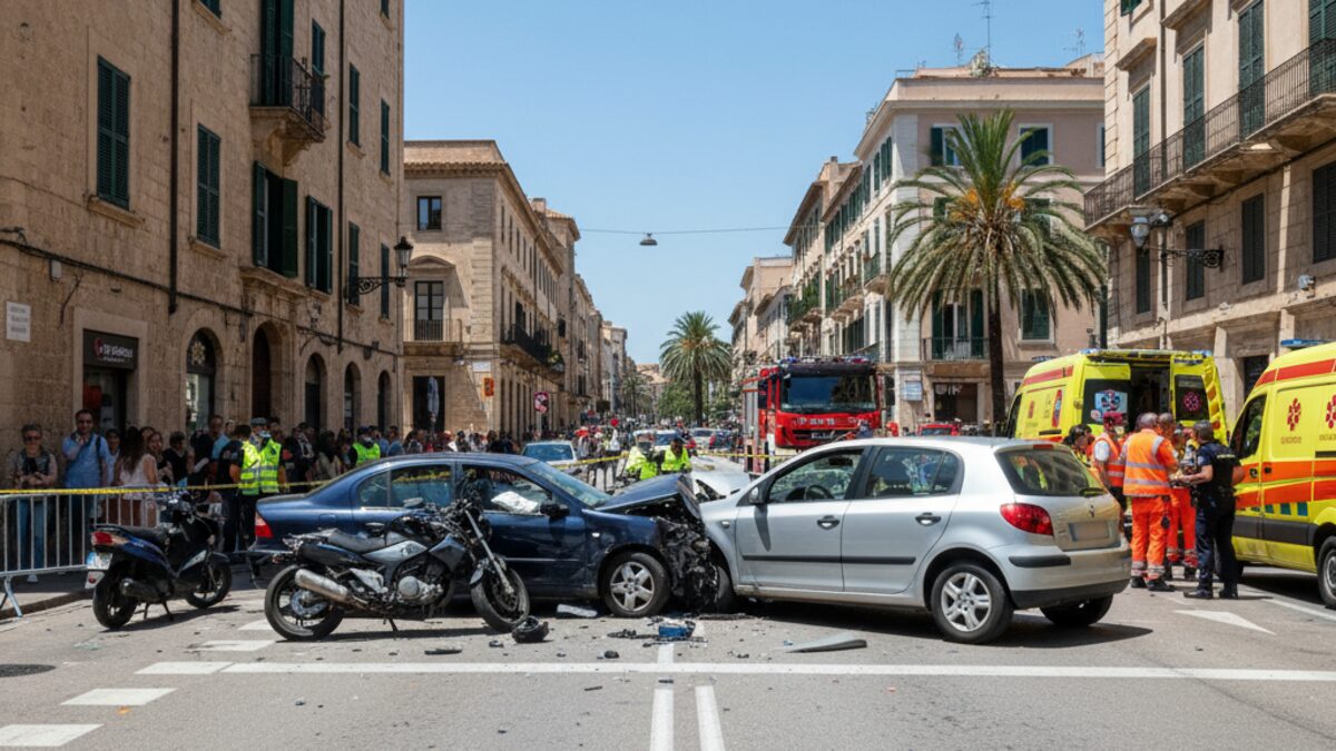 Nach einem Verkehrsunfall in Palma sind zwei Fahrzeuge stark beschädigt, mehrere Motorräder liegen umgefallen, Rettungskräfte sind vor Ort