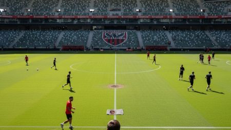 Innenansicht eines Fußballstadions mit einem leeren Abwehrbereich, Symbol für den Ausfall von RCD Mallorca Verteidiger Kumbulla aufgrund einer Verletzung.