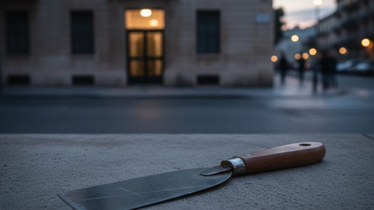 Symbolische Darstellung eines Malerspachtels vor einem Wohnhaus in Palma, Thema versuchter Mord und Anklage auf 25 Jahre Haft