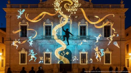 Videomapping-Projektion auf der Fassade des Centre Cultural de La Misericòrdia in Mallorca bei Nacht, die traditionelle mallorquinische Rundgesänge und die Geschichte von En Joanet de sa Gerra zeigt