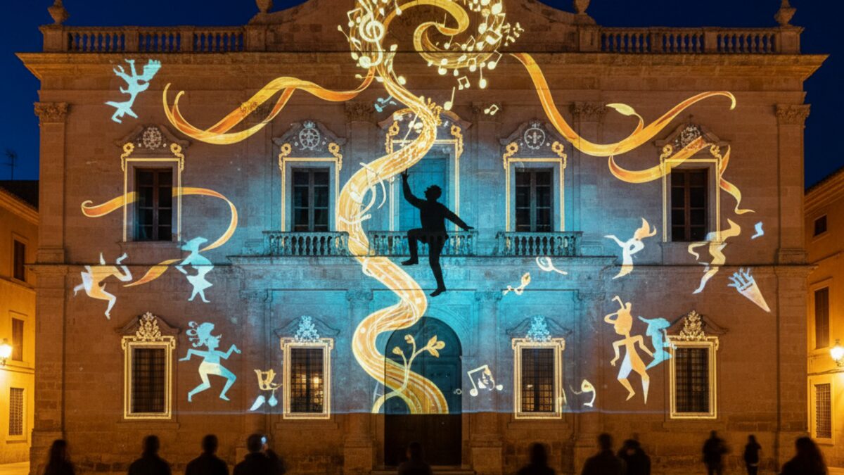Videomapping-Projektion auf der Fassade des Centre Cultural de La Misericòrdia in Mallorca bei Nacht, die traditionelle mallorquinische Rundgesänge und die Geschichte von En Joanet de sa Gerra zeigt