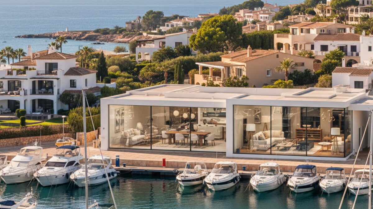 Yachthafen mit Yachten und hochwertigen Immobilien mit Meerblick auf Mallorca sowie moderner Möbelshop in mediterranem Ambiente