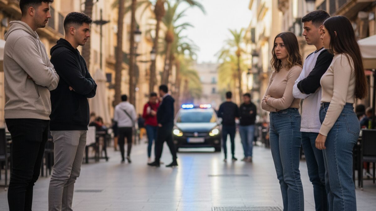 Straßenszene in Palma mit zerbrochener Flasche am Boden und jungen Menschen in ernster Auseinandersetzung