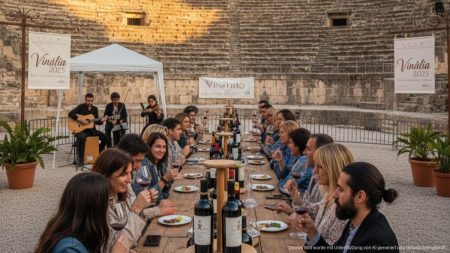 Großer Erfolg bei Vinàlia 2025 in Alcúdia: Wein, Kultur und Solidarität im Fokus Besucher bei der Weinverkostung der Vinàlia 2025 Veranstaltung in Alcúdia vor dem römischen Theater von Pol·lèntia, mit lokalen Weinen und einer festlichen Atmosphäre.